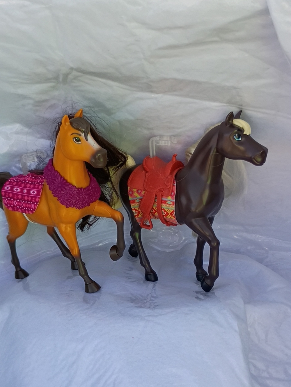 Mattel Orange & Brown Toy Horses with Pink and Red Saddles